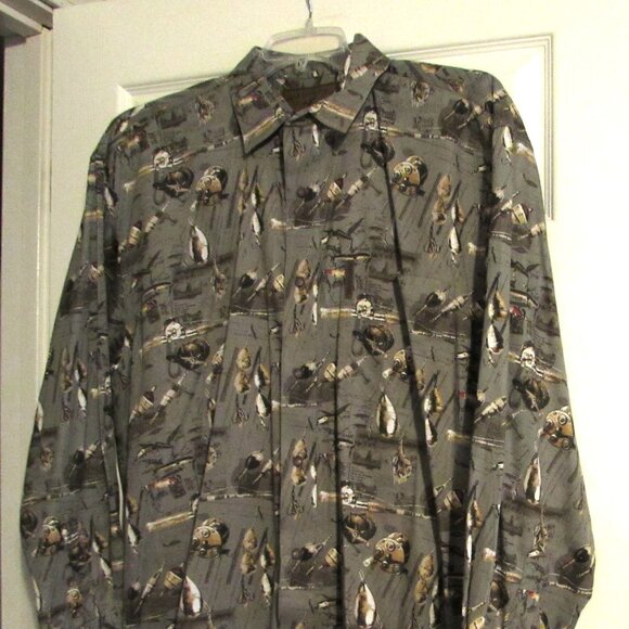 Men's NORTH RIVER OUTFITTERS Long Sleeve Shirt Fishing Reels Size L - Picture 1 of 4